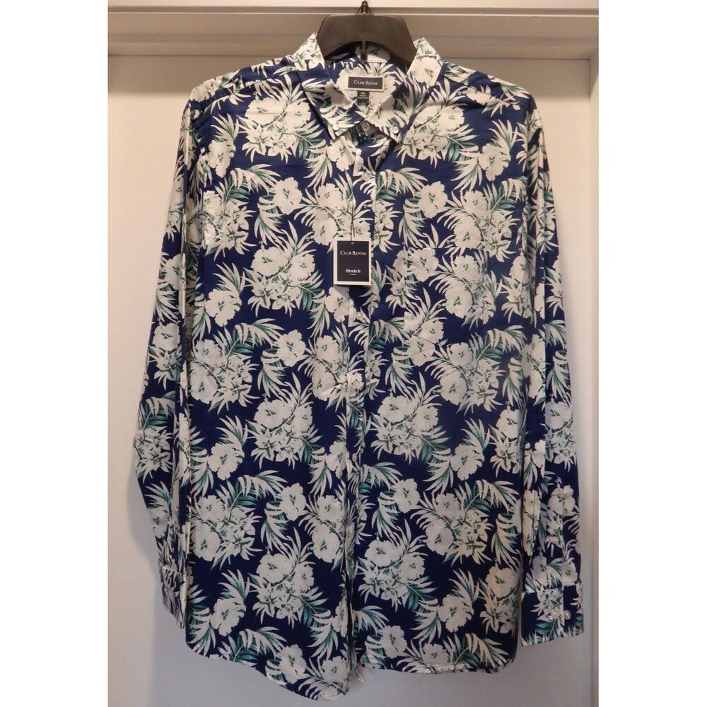 NWT Club Room Mens Stretch OCEAN FLOOR FLORAL Button-Down Shirt Blue XXL $55.00
